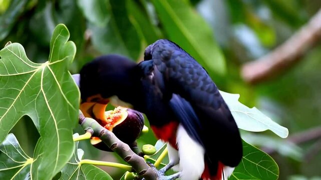 Close up pf Rhinoceros hornbill (Buceros rhinoceros) eating ficus fruits on fig tree in Rajaampat islands, West Papua, Indonesia.
