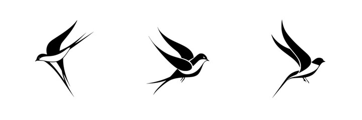 Silhouette pictograms of birds in flight representing various species in a minimalist style