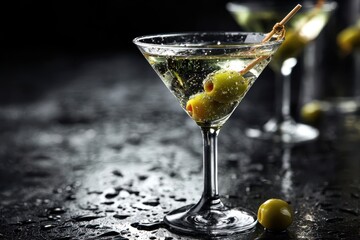 Martini Dry Special: 007 Agent's Refreshing Drink with Green Olives in British Bar Setting