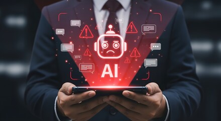 AI alert hologram projected from a businessman's phone shows a worried robot, indicating possible technology failure or artificial intelligence issues.