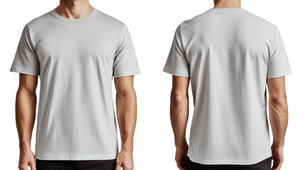 Displaying a versatile gray t-shirt on a male model, presenting both the front and back, perfect for showcasing apparel design ideas.