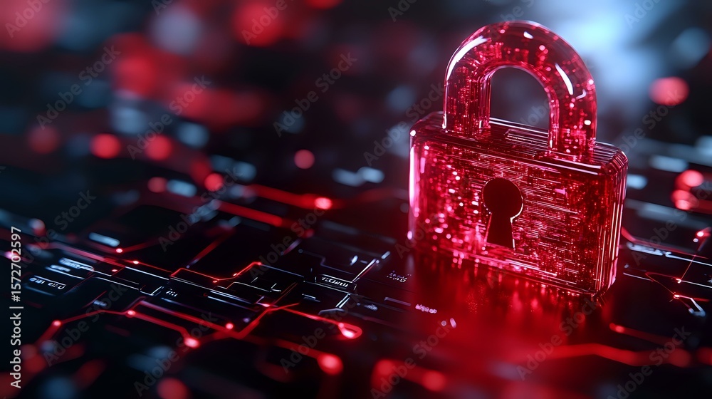 Poster glowing red padlock on computer keyboard with digital circuit pattern background represents cybersec