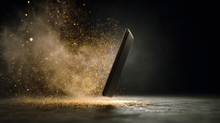 Mobile Device Blast: A sleek mobile device levitates amidst a cloud of energetic particles, hinting at technological innovation and the dynamic evolution of digital experiences.