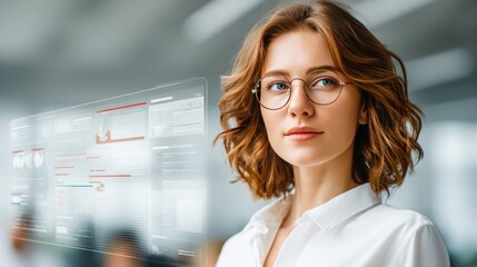 Obraz premium Confident Visionary: A focused woman, adorned with spectacles, her gaze fixed with purpose, stands before a virtual data interface, embodying precision and intelligence.
