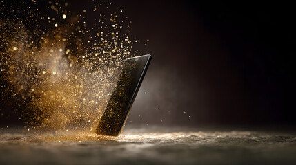 Elegant Tech: A sleek, modern phone levitates amidst a dazzling cloud of sparkling particles, with the subtle play of light and shadow, evoking innovation and sophistication.