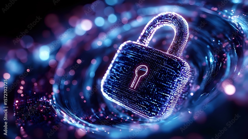 Poster glowing digital padlock with binary code pattern surrounded by blue and purple bokeh lights on dark 
