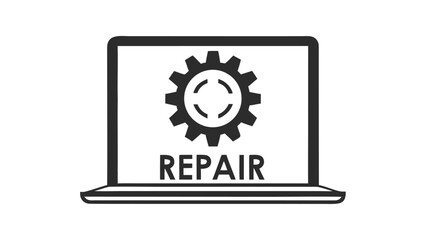 Laptop computer screen displays a gear symbol and the word repair