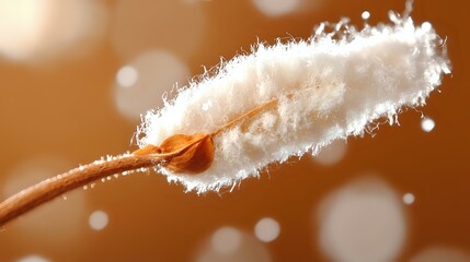 Delicate white frost crystals forming on dried plant stem against warm brown background with soft bokeh lights creating magical winter nature macro.