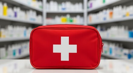 A bright red first aid kit with a white cross sits on a surface with shelves of medicine bottles blurred in the background.