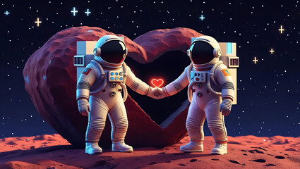 Obraz premium Two astronauts holding a glowing heart near a heart shaped rock on Mars