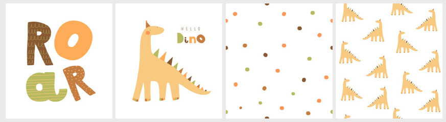 Cute Illustration Of Baby Dinosaur On A White Background. Hand Drawn Nursery Art With Happy Dino. Semaless Vector Pattern With Brown And Green Dots. Irregular Dotted Print. Gender Neutral Colors.  © Magdalena