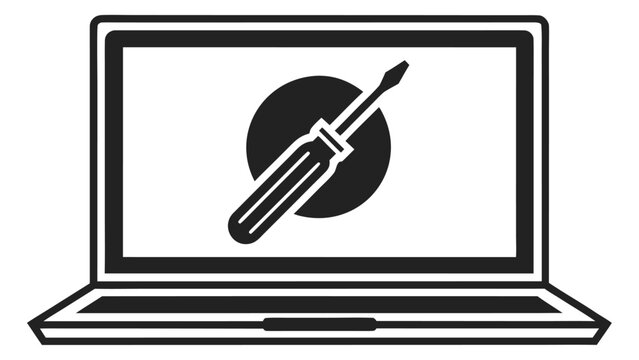 Laptop computer screen displays a black screwdriver icon inside a circle