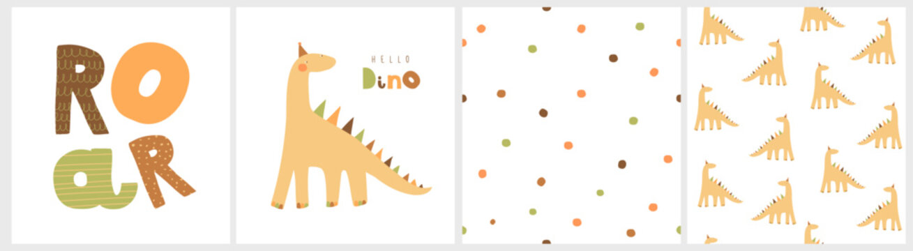 Cute Illustration Of Baby Dinosaur On A White Background. Hand Drawn Nursery Art With Happy Dino. Semaless Vector Pattern With Brown And Green Dots. Irregular Dotted Print. Gender Neutral Colors. 
