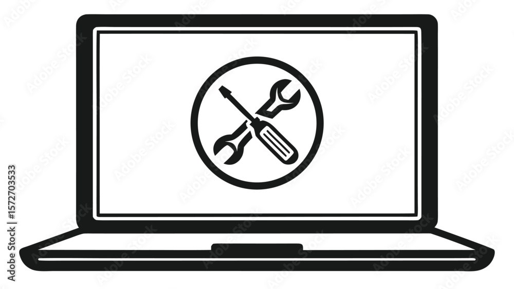 Poster laptop computer screen displaying a circular icon with a crossed wrench and screwdriver