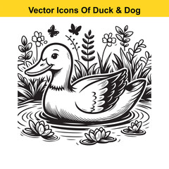 Dog and Duck Vector Illustration Bundle – Hunting, Wildlife, and Animal Interaction Poses