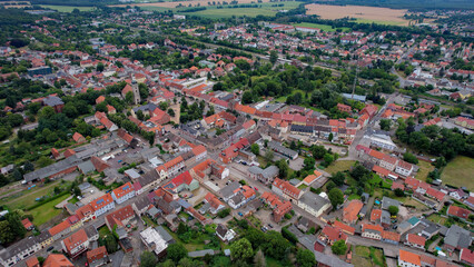 Aerial view of the old town of the city Genthin on a sunny noon on a summer in Germany.
