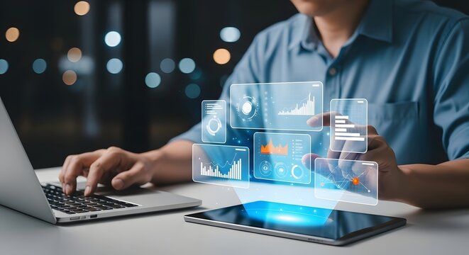 Professional analyzing data on laptop with digital interface offering insights, charts and graphs, showcasing efficient technology and futuristic business solutions. - Powered by Adobe