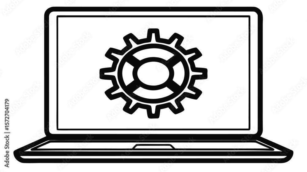 Fototapete black and white icon of a laptop computer displaying a gear symbol on its screen