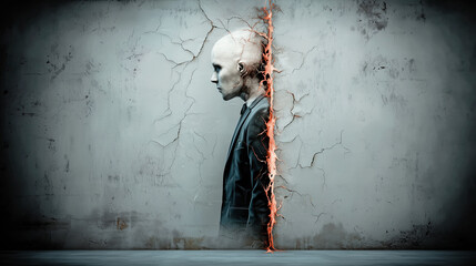 A surreal horror concept of a strange, slender monster in a suit emerging from a glowing rift in a cracked wall.