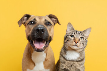 Fototapeta premium happy dog and curious cat sitting together against yellow background, domestic pets, friendship