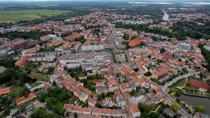 Aerial view around the old town in the city Neustadt, 14776 Brandenburg on an sunny spring day