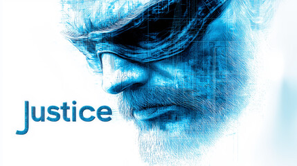 Artificial intelligence and the future of law, a symbolic portrait of blind justice with a high-tech glitch effect.