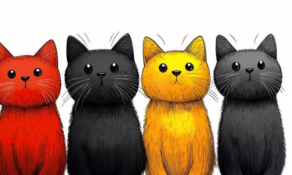Four cartoon cats in vibrant colors standing side by side against a plain background, showcasing their playful expressions