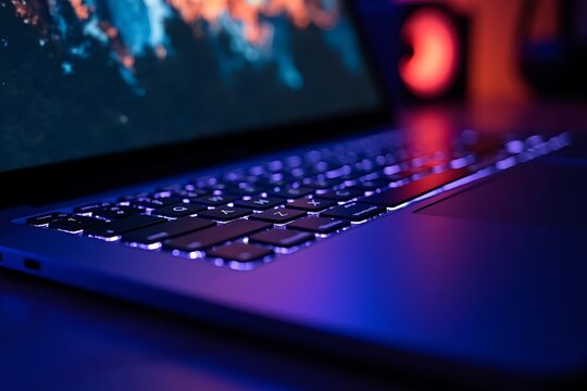 A close-up of a laptop keyboard with neon backlighting, styled on a dark desk for tech promotions