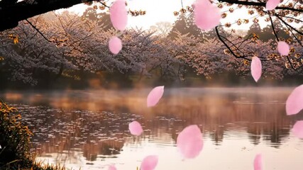 A calm lake surrounded by cherry blossom trees petals floating on water early morning mist soft sunbeams filtering through the trees peaceful and soothing ambiance | 4k Video.mov - Powered by Adobe
