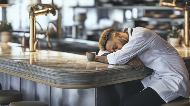 Exhausted African American chef wearing bright white uniform sitting restaurant kitchen coffee overhead lighting culinary worker exhaustion kitchen break food service rest professional