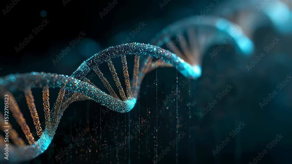 Poster an artistic depiction of a glowing dna helix emerging from a sea of cascading computer algorithms sy