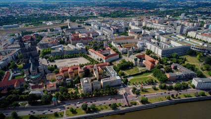 Aerial panorama view around the old town in the city Magdeburg on an sunny spring day in Germany	