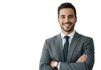 A young businessman in a suit smiles confidently with his arms crossed on a transparent background