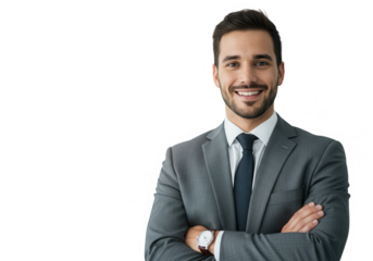 A young businessman in a suit smiles confidently with his arms crossed on a transparent background