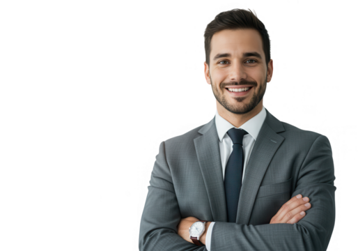 A young businessman in a suit smiles confidently with his arms crossed on a transparent background