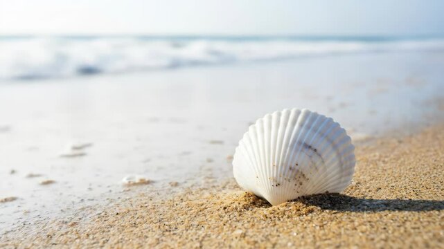 White seashell on sandy beach against ocean waves; travel and summer themes.