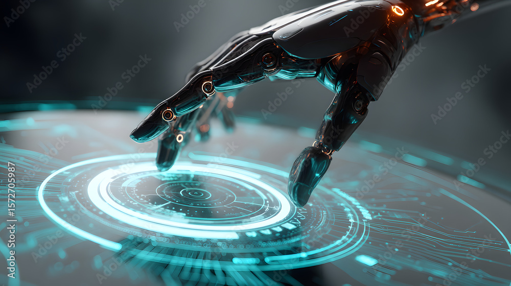 Poster cybernetic interface: a futuristic robotic hand interacting with a glowing digital interface, repres