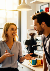 Obraz premium An expressive woman and a smiling man enjoying a lively conversation by the espresso machine in a bright kitchen.