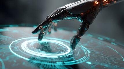 Cybernetic Interface: A futuristic robotic hand interacting with a glowing digital interface, representing the cutting edge of technology and the seamless integration of artificial intelligence. 