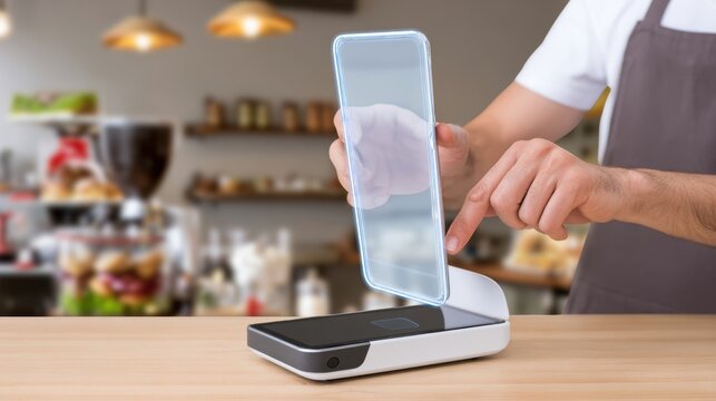 Person in white shirt and grey apron using a transparent holographic smartphone above a black and white payment terminal with blue-lit touch area on a wooden counter in a cozy café setting. - Powered by Adobe