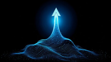 Luminous blue-toned arrow with flowing wavy pattern ascends against stark black background, featuring interconnected lines and dots, digital particle-like appearance, and subtle glowing energy.