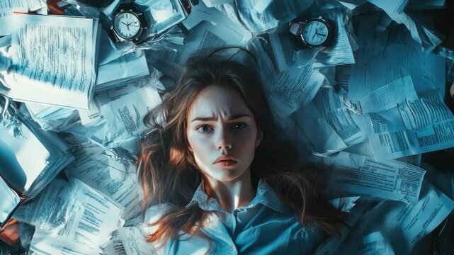 A young woman swimming in a sea of paper documents, feeling drowned by the chaos.