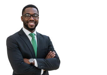 A confident african american businessman in a suit smiles with his arms crossed on a transparent background