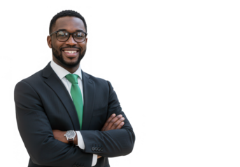 A confident african american businessman in a suit smiles with his arms crossed on a transparent background