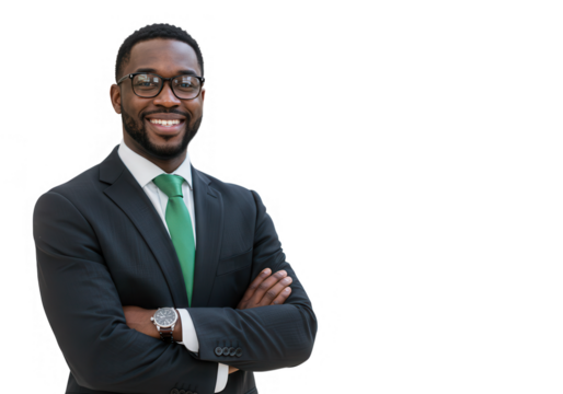 A confident african american businessman in a suit smiles with his arms crossed on a transparent background