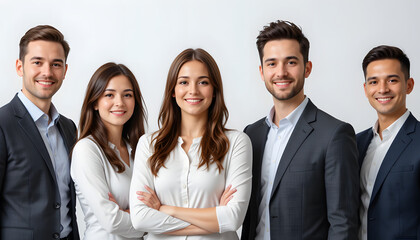 leaders and team take portrait photos with a white background