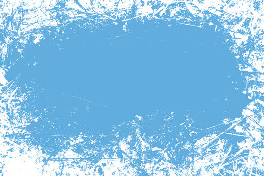 Hand drawn grunge frame background. Blue and white colors. Distress weathered rough overlay texture with scratch lines. Grunge frame design with white paint spots. Winter texture 