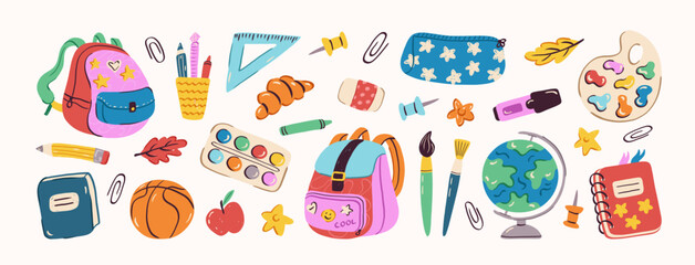 Colorful school supplies hand drawn set. Drawing in style of kids crayons. Backpack, book, globe, paint, ruler, pen, brushes, pencil. Vector trendy doodle illustration for study, school, university.