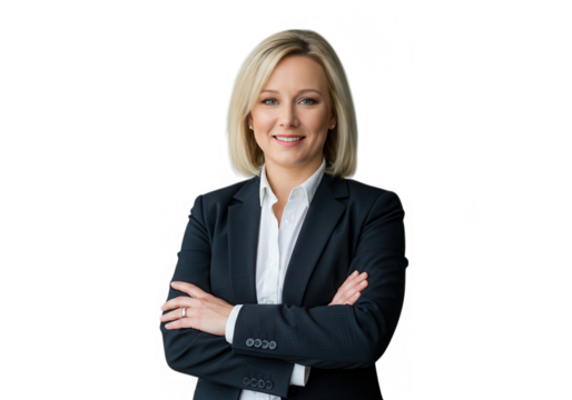 A confident blonde businesswoman stands with her arms crossed, radiating professionalism and success isolated on transparent background - Powered by Adobe