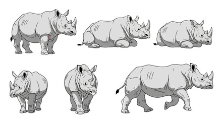 Indian rhinoceros in various poses depicting movement and stance  